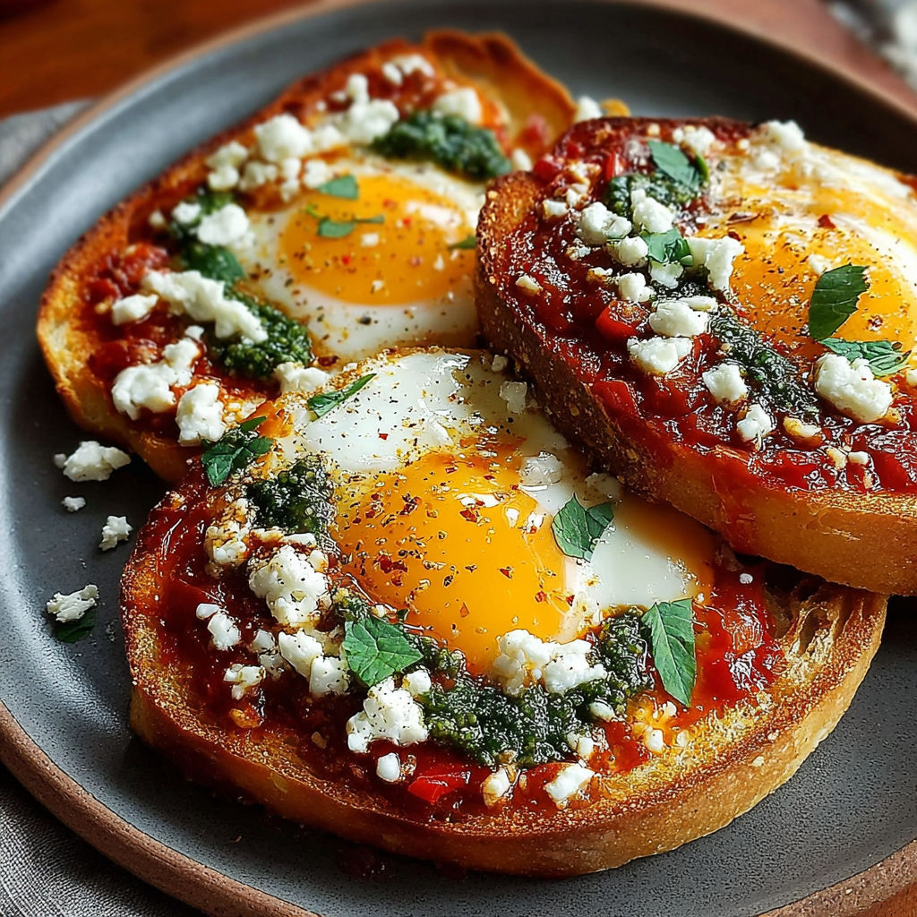 A plate of toast with feta cheese and fried eggs.