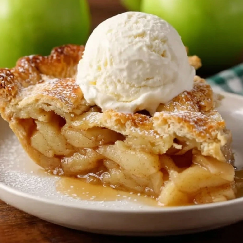 A slice of apple pie with a scoop of ice cream on top.