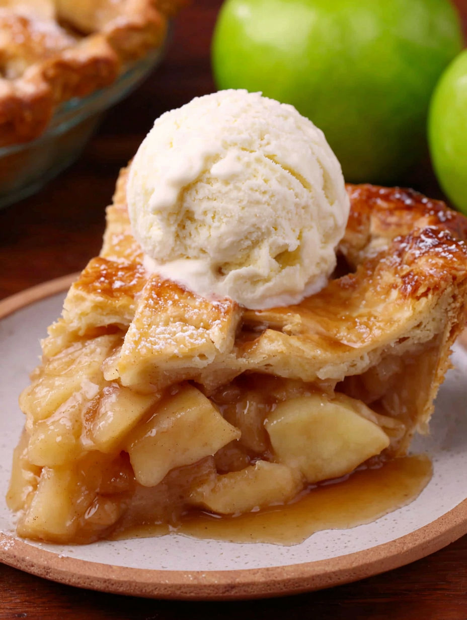 A slice of apple pie with a scoop of ice cream on top.