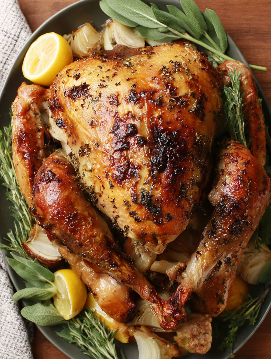 A roasted turkey with lemon wedges on top.