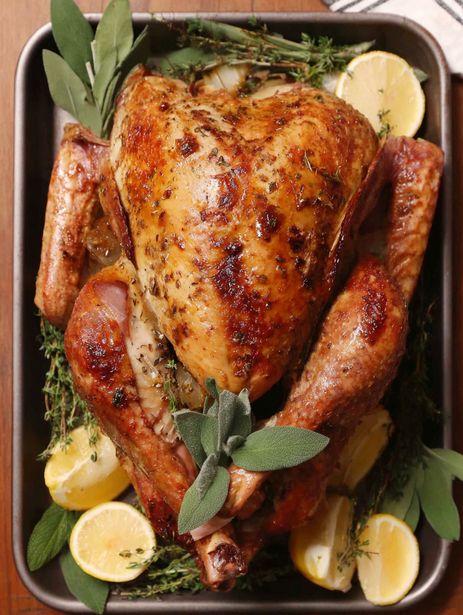 A roasted turkey with lemon wedges on top.