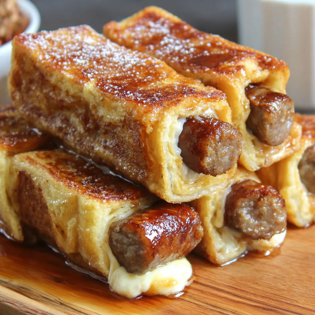 A stack of sausage French toast roll-ups.