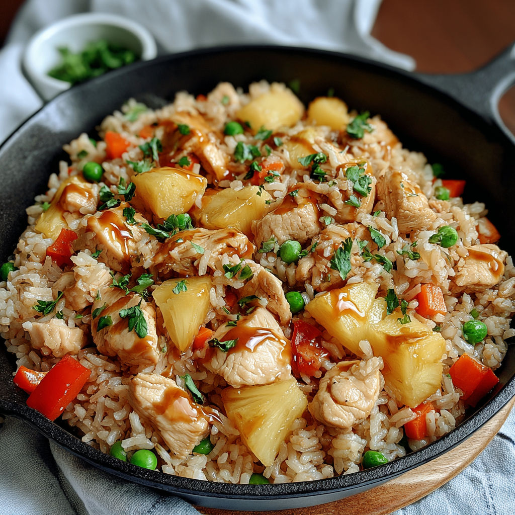 A delicious meal of chicken and rice with pineapple.