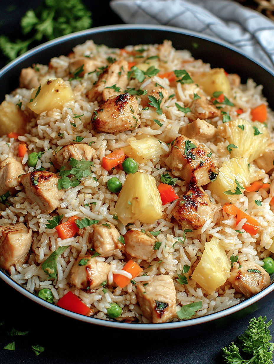A bowl of rice with chicken and pineapple.