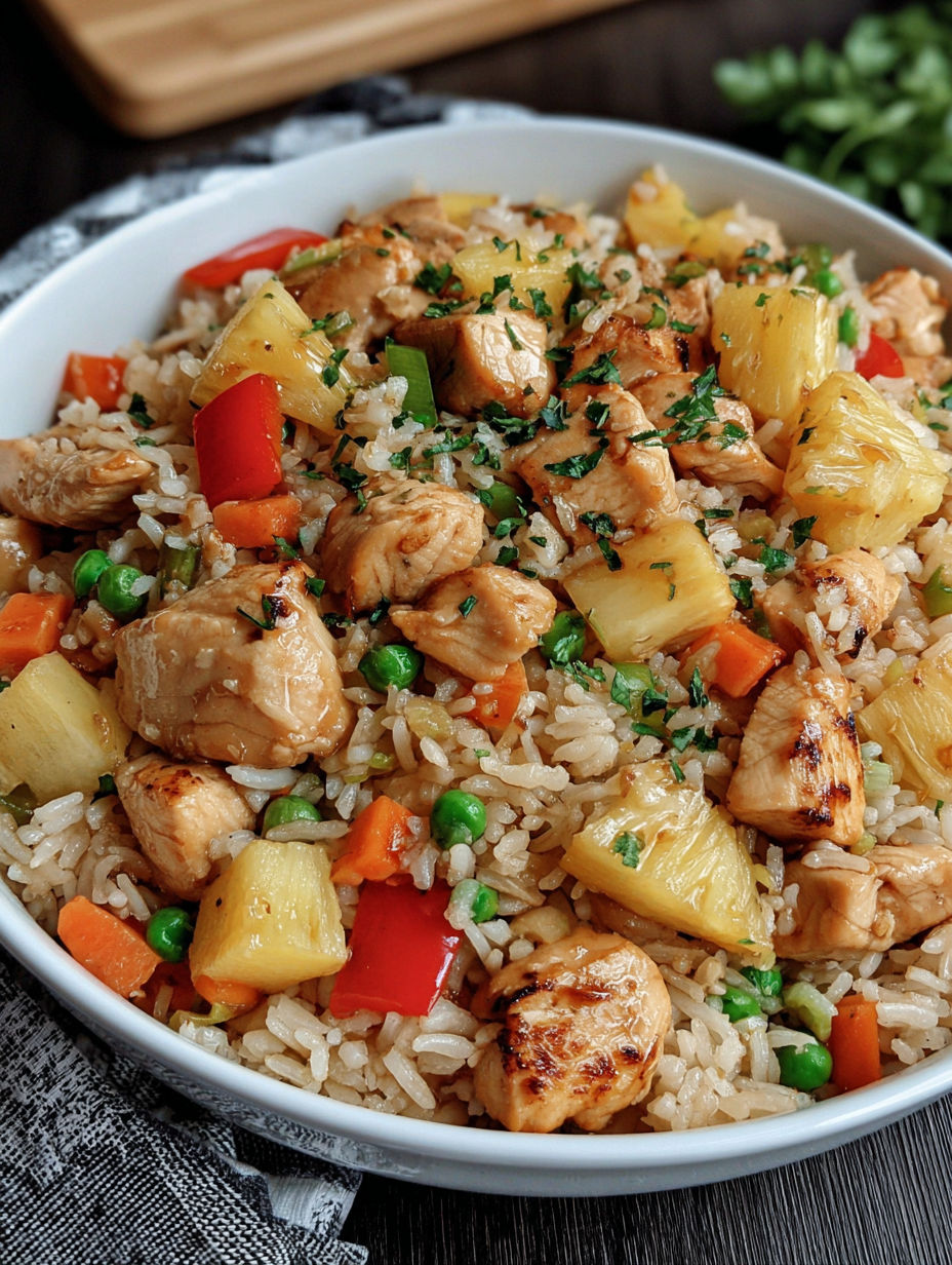 A bowl of rice with chicken and pineapple.