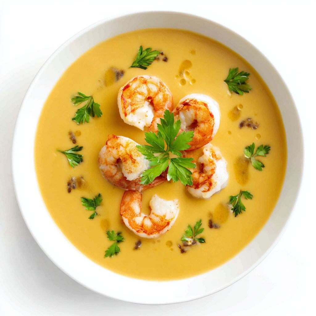 A bowl of shrimp bisque with a green garnish.