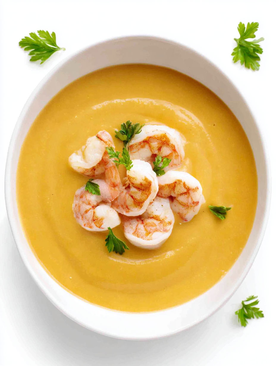 A bowl of shrimp bisque with a green garnish.