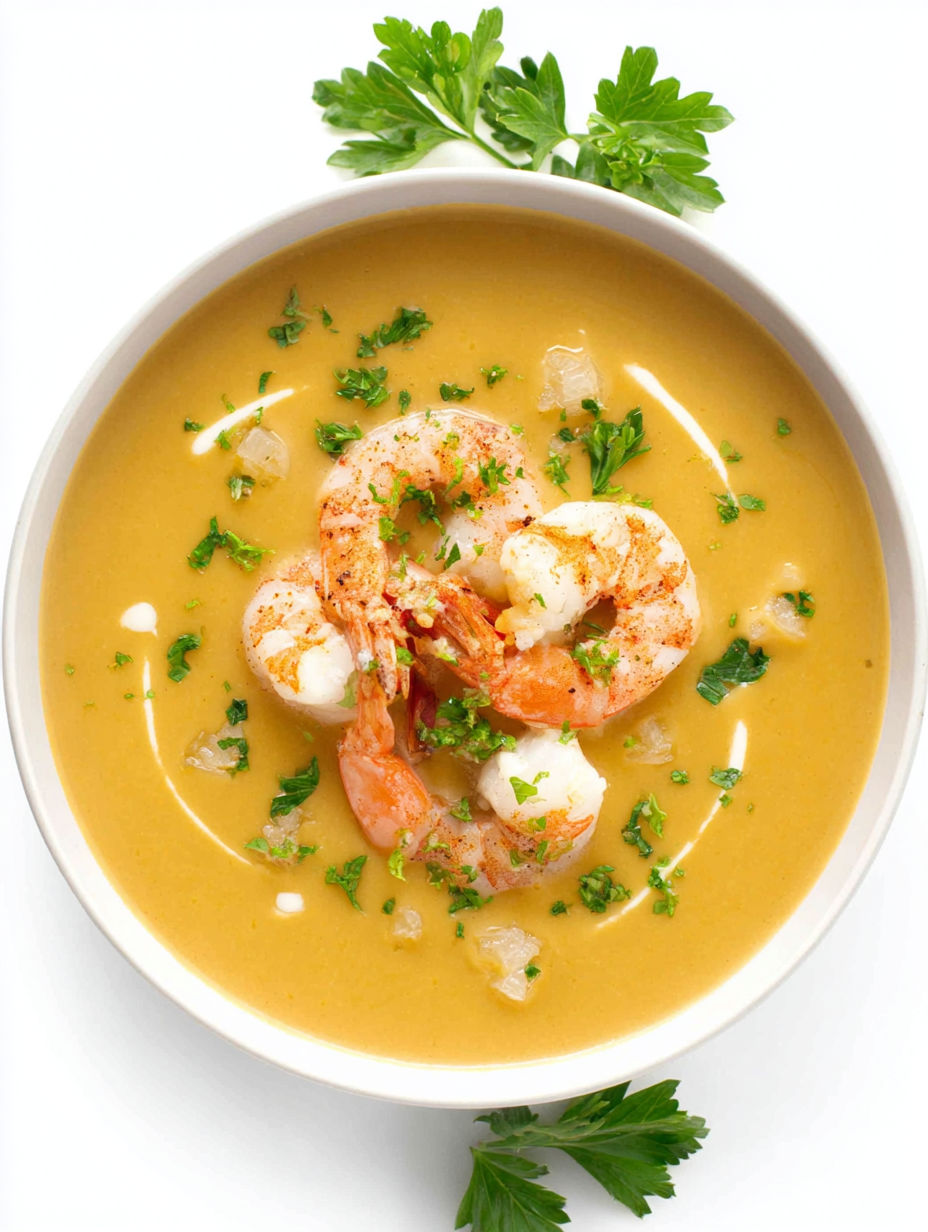 A bowl of shrimp bisque with green herbs on top.