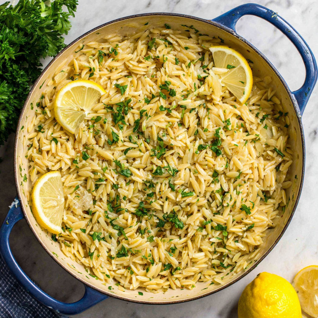 A bowl of garlic and lemon orzo.