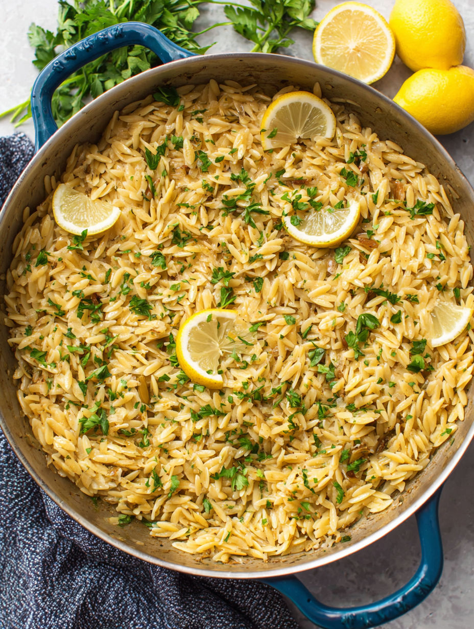 A dish of garlic and lemon orzo.