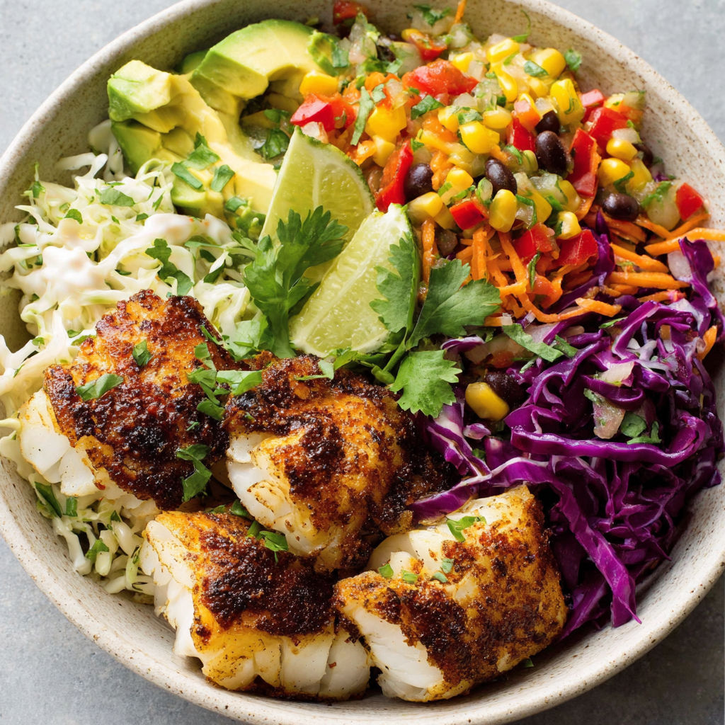 A bowl of food with fish, vegetables and avocado.