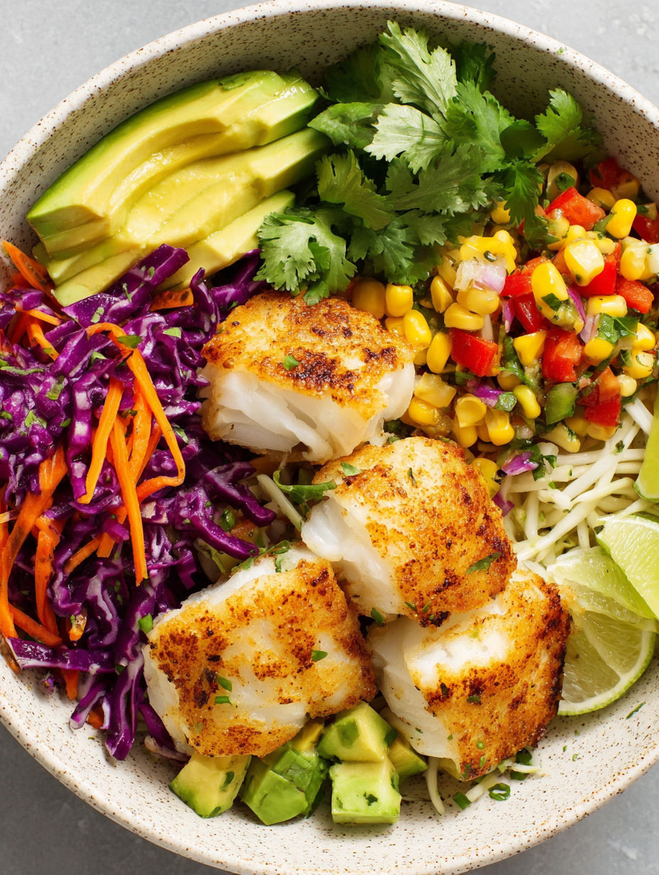 A bowl of fish taco salad with avocado, corn, and lime.