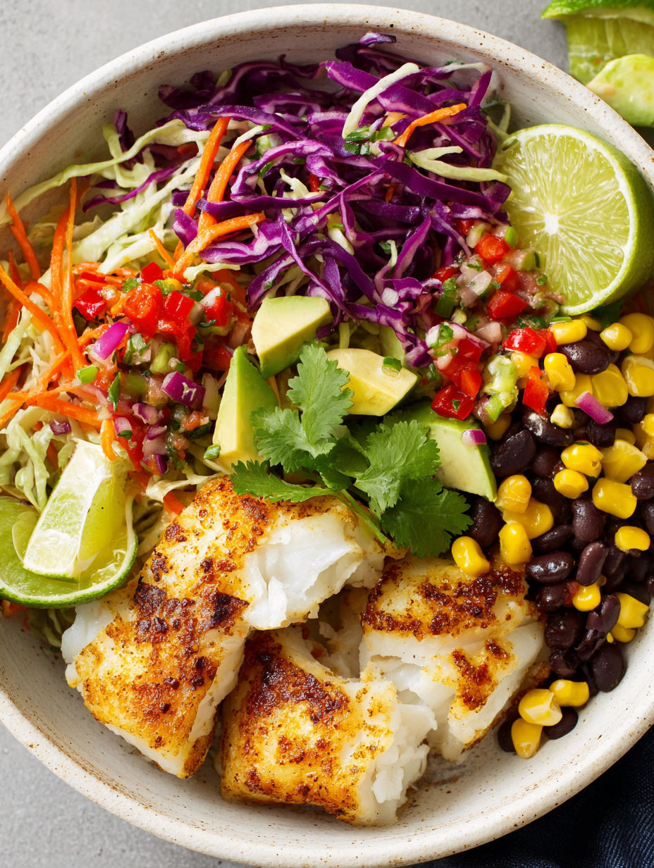 A bowl of food with fish and vegetables.