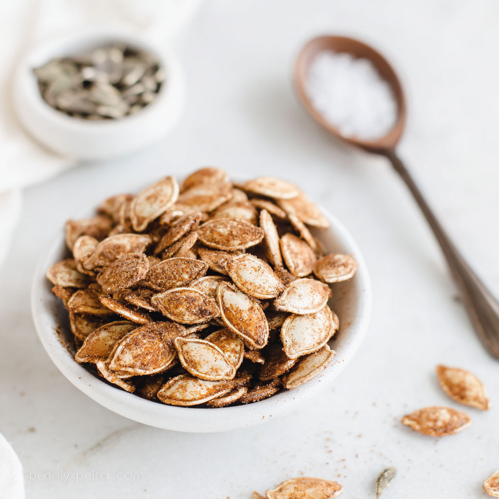 A bowl of pumpkin seeds.