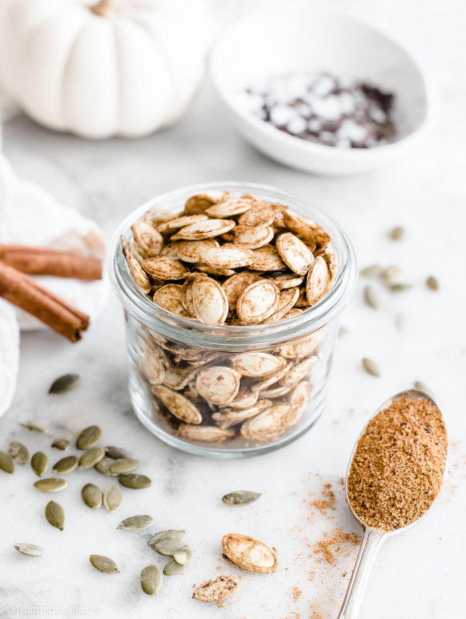A glass jar filled with pumpkin seeds.