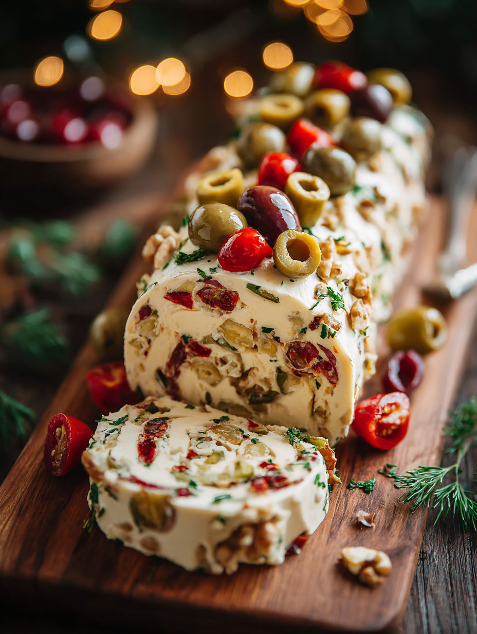 A log of cream cheese with olives and red peppers.