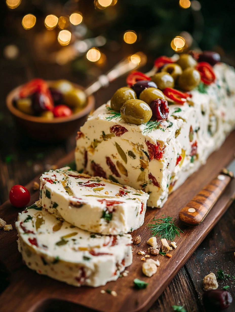 A log of cream cheese with olives and tomatoes on a wooden platter.
