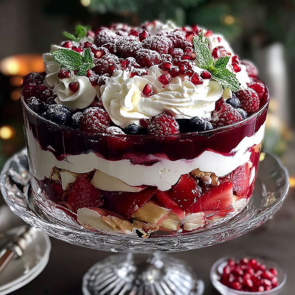 A Christmas Pavlova Trifle is displayed on a glass cake stand.