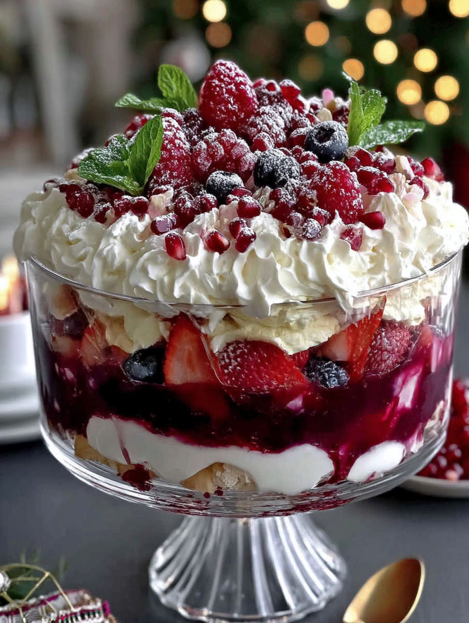 A Christmas Pavlova Trifle with berries and whipped cream.