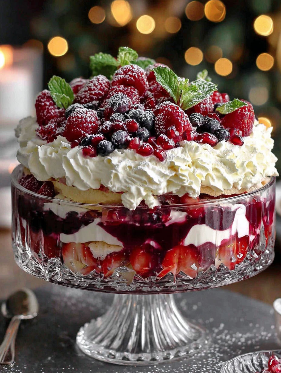 A Christmas Pavlova Trifle is displayed in a glass bowl.
