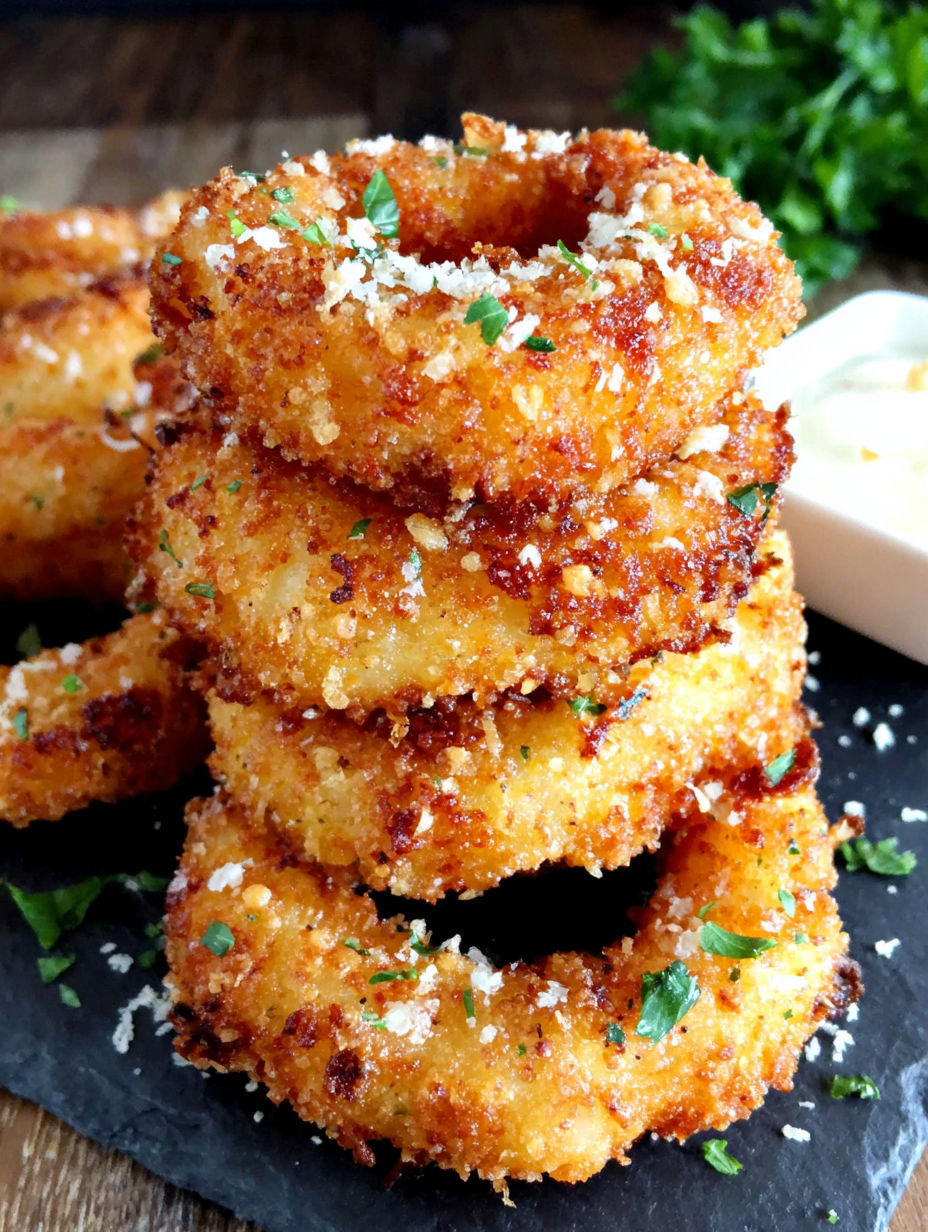 Mozzarella sticks on top of onion rings.