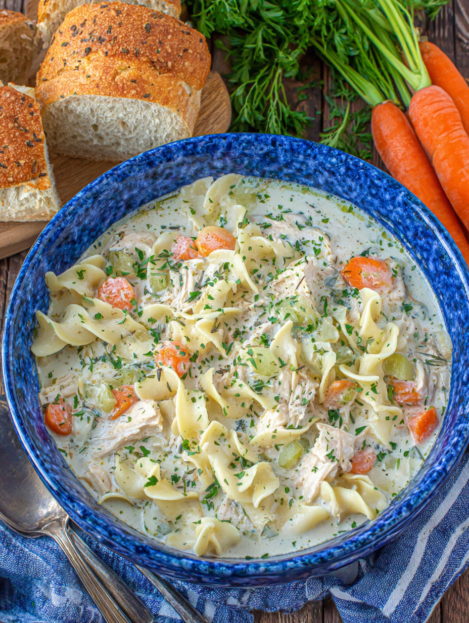 A bowl of creamy chicken noodle soup.