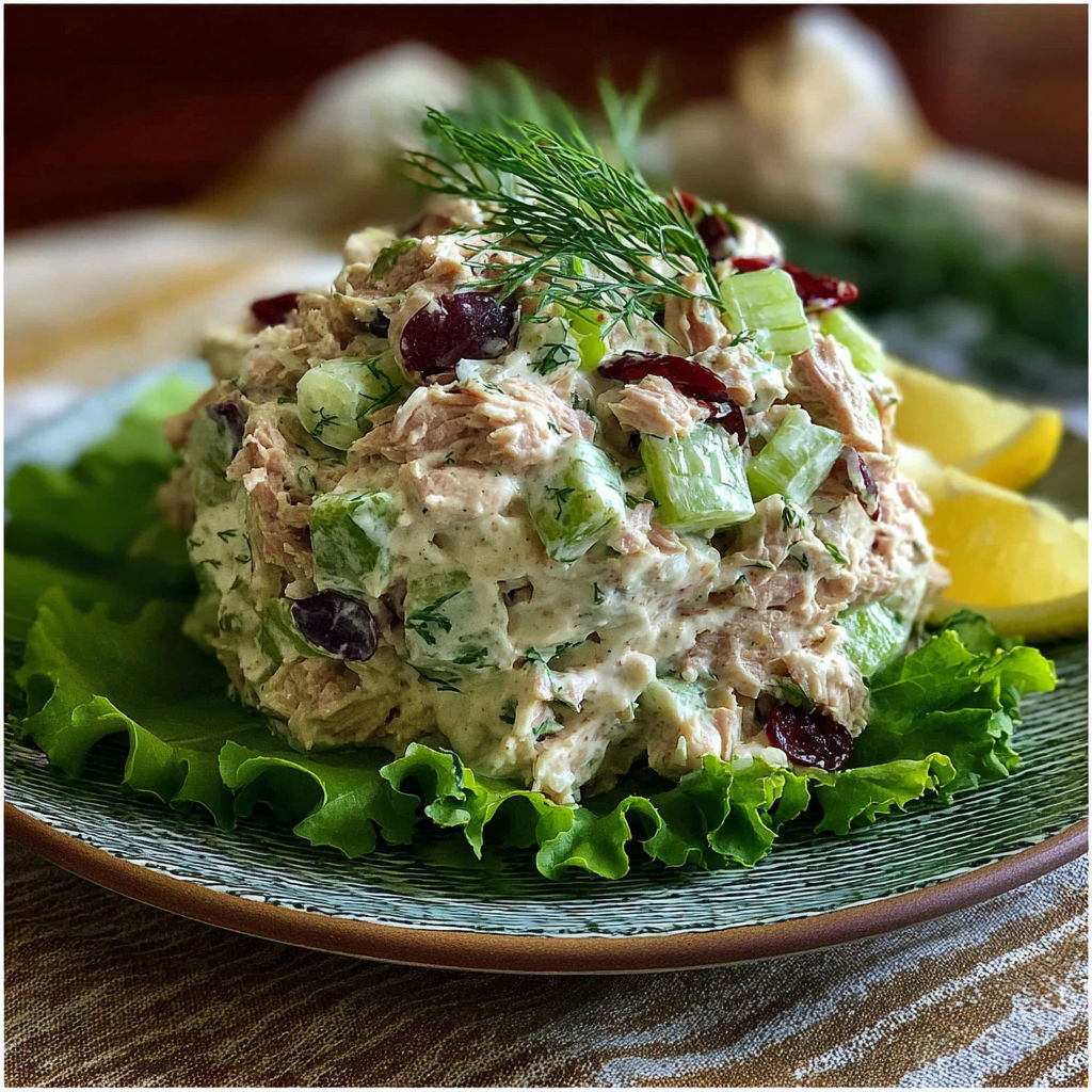 A plate of tuna salad with a lemon wedge on top.