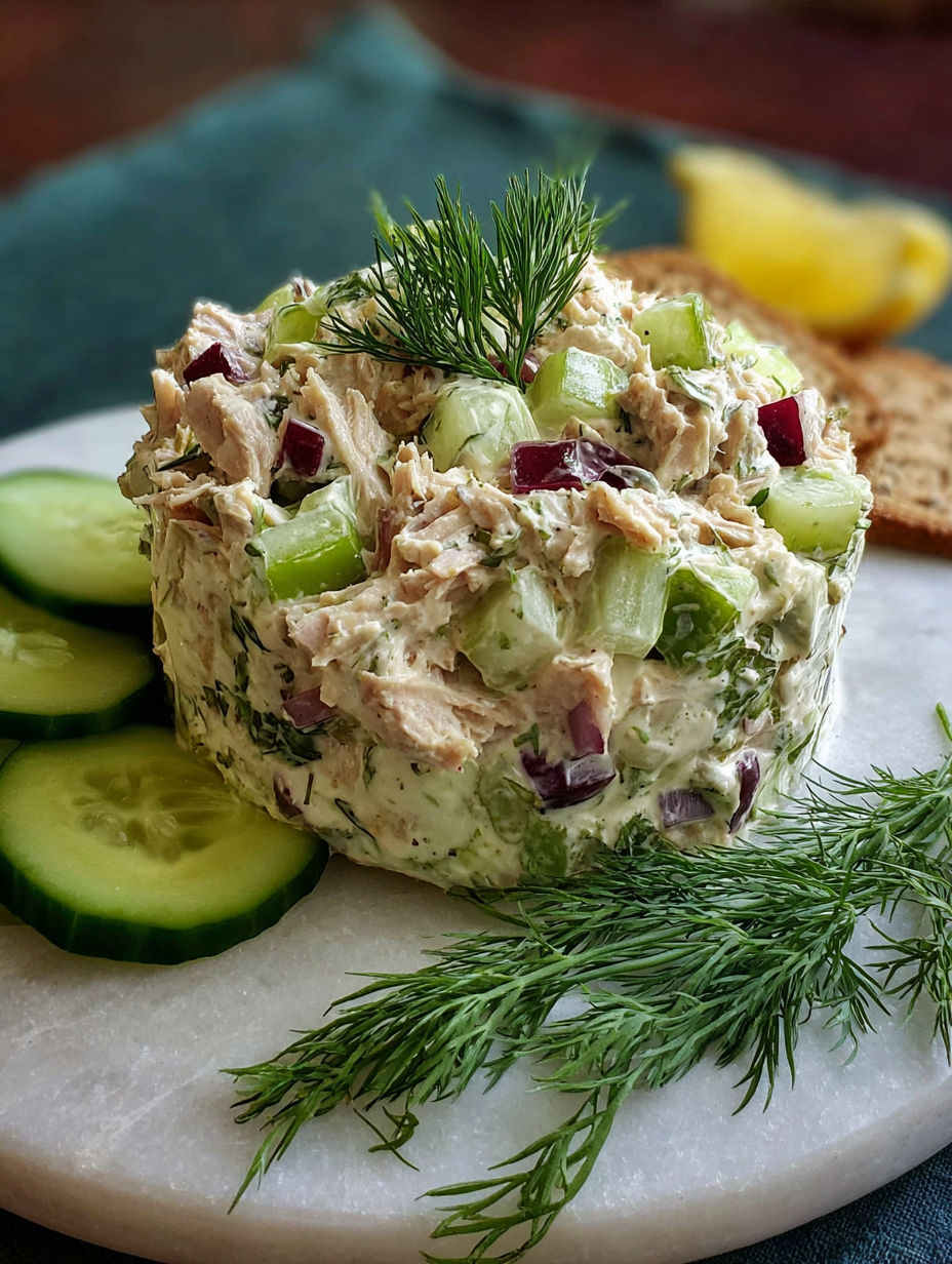 A white plate with a bowl of tuna salad.
