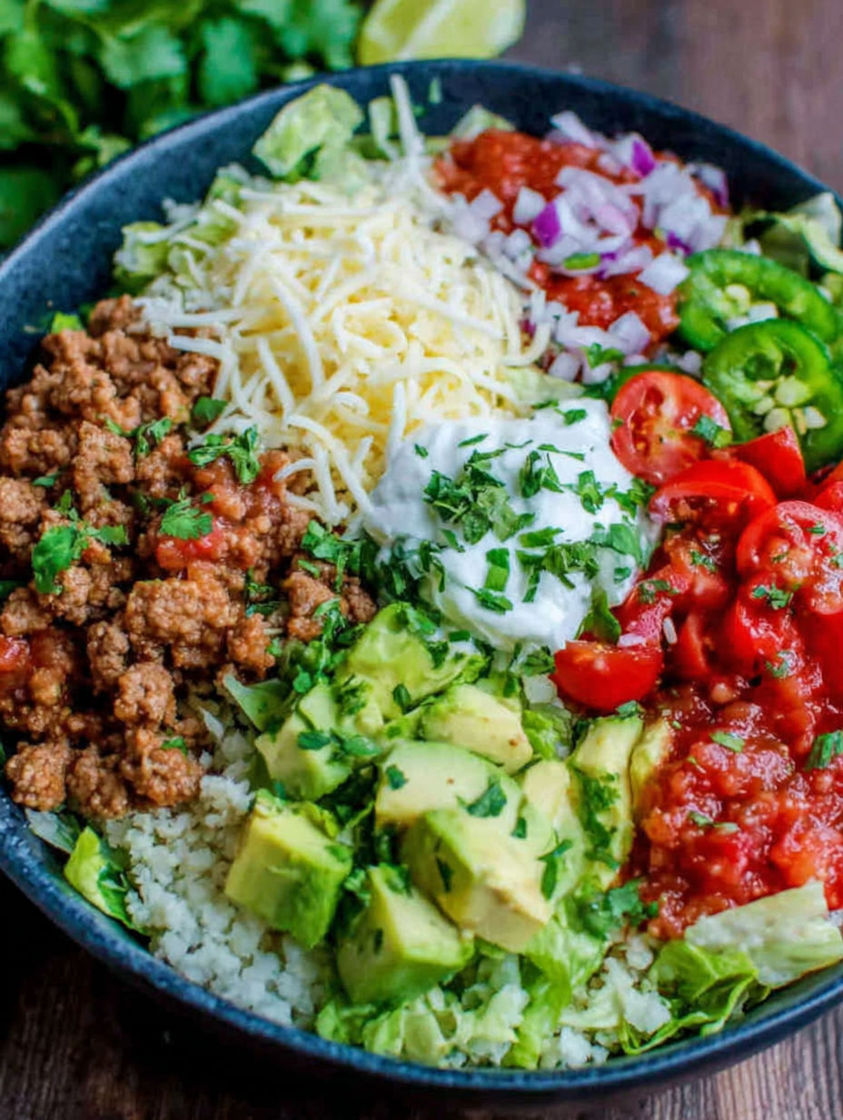 A bowl of food with rice, cheese, tomatoes, and onions.