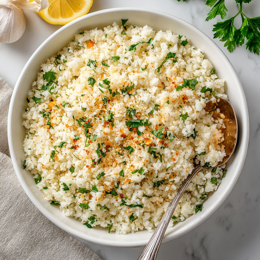 A bowl of rice with herbs and garlic.