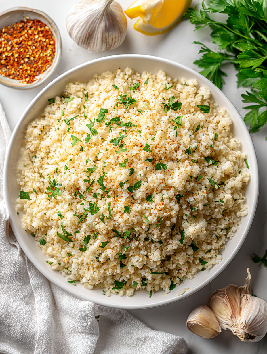 A bowl of rice with herbs and spices.