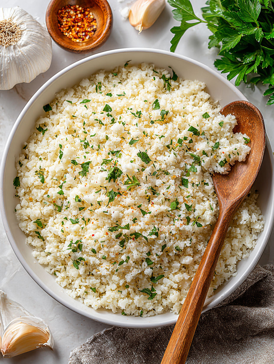 A bowl of rice with herbs and spices.