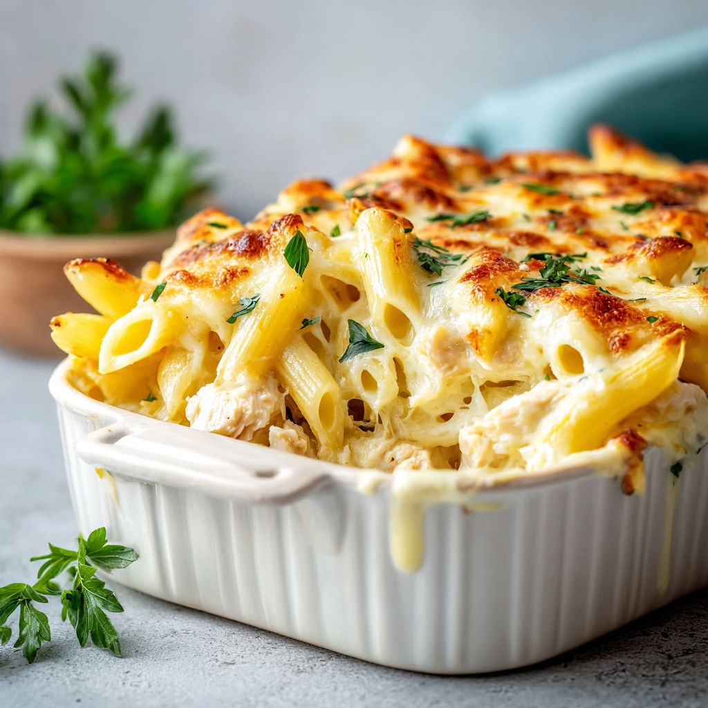 A baked chicken Alfredo pasta casserole in a white bowl.