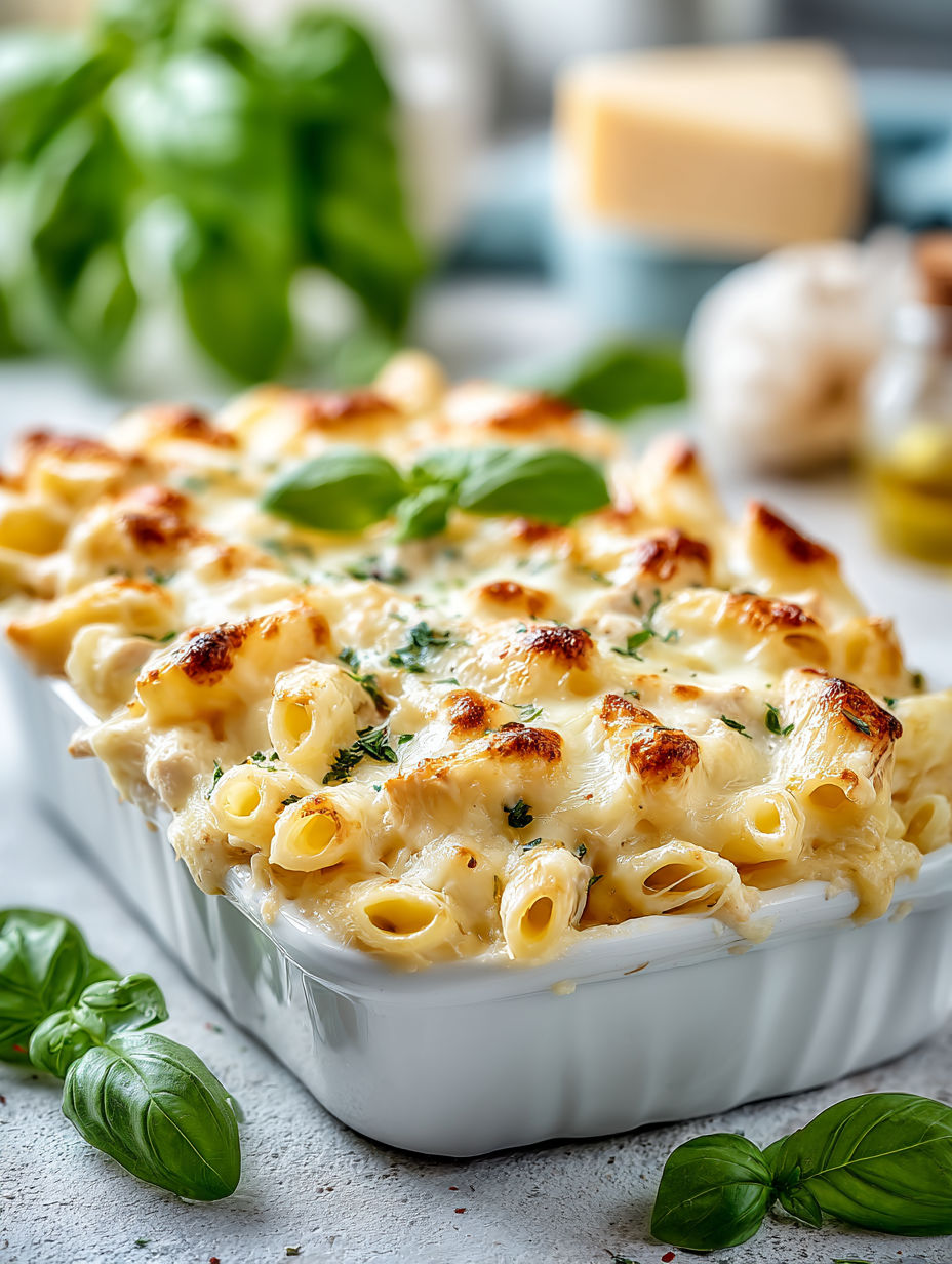 A baked chicken Alfredo pasta casserole.