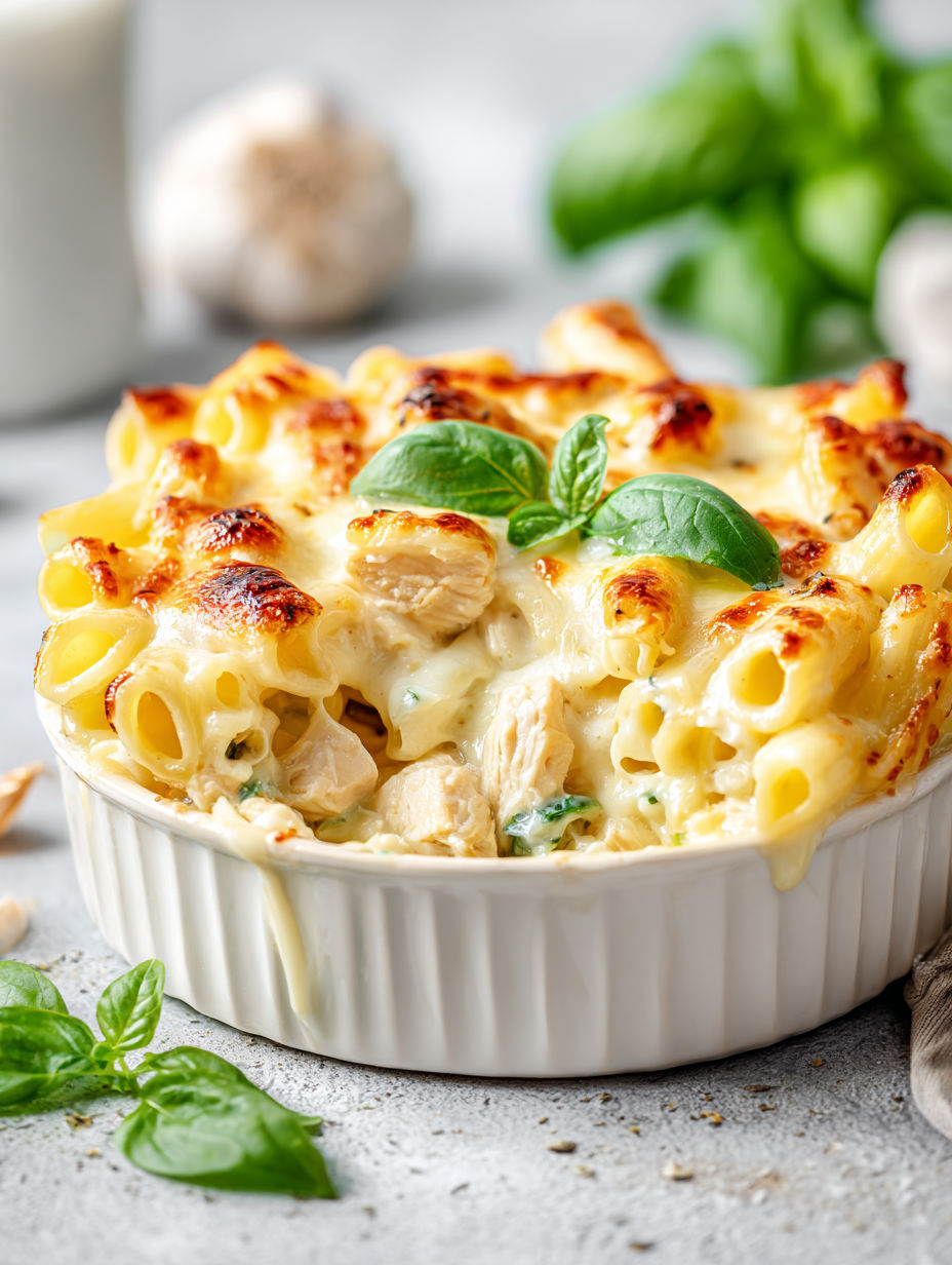 A baked chicken Alfredo pasta casserole.