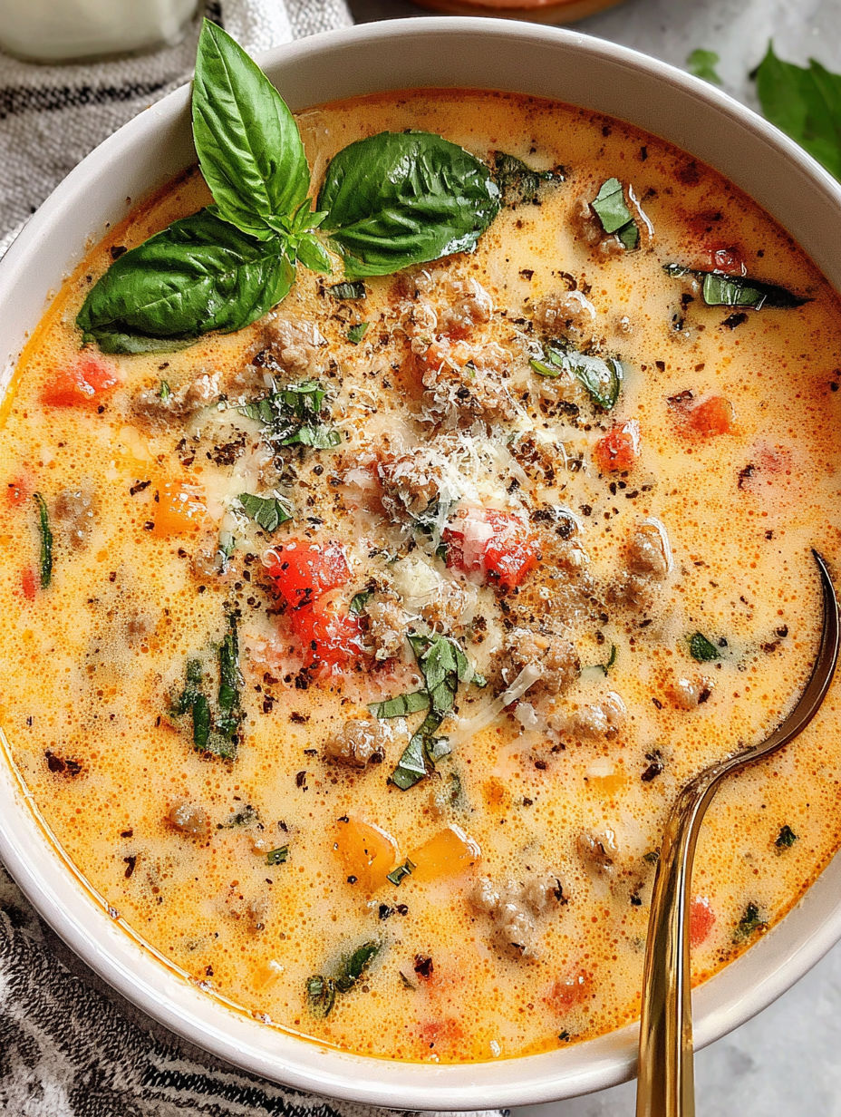 A bowl of soup with tomatoes, spinach, and meat.