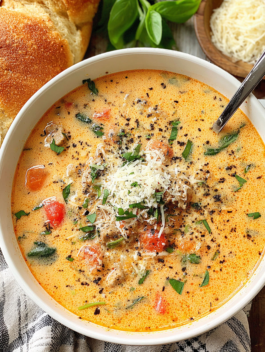 A bowl of soup with chicken and tomatoes.