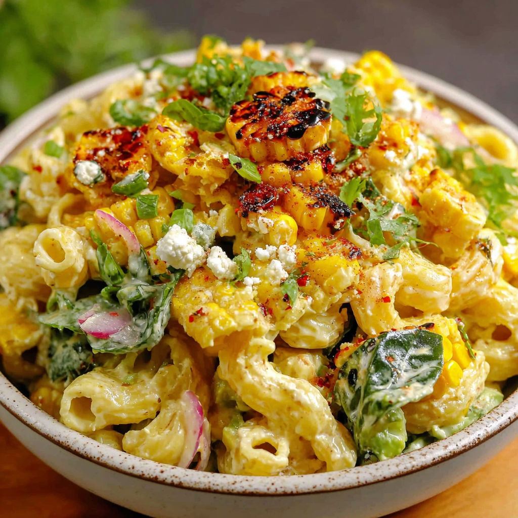 A bowl of creamy street corn pasta salad.