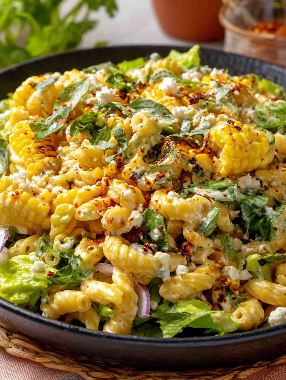 A bowl of creamy street corn pasta salad.