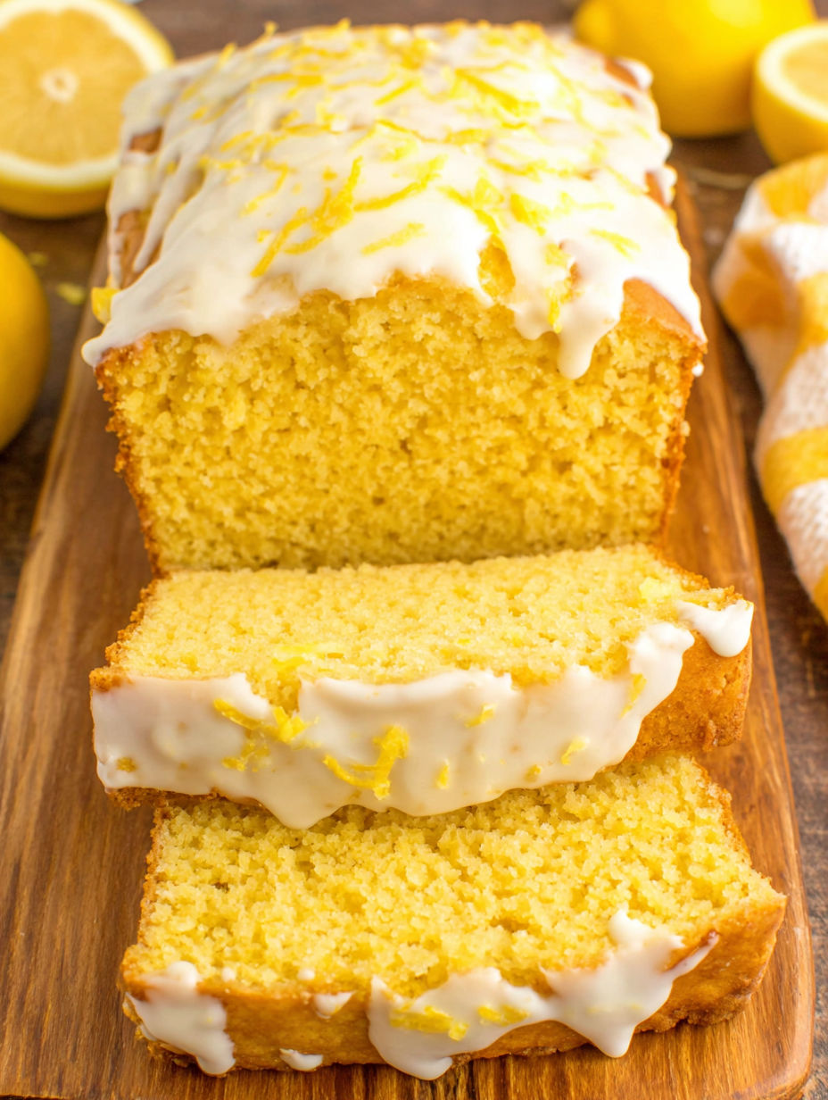 A slice of lemon bread with white icing.