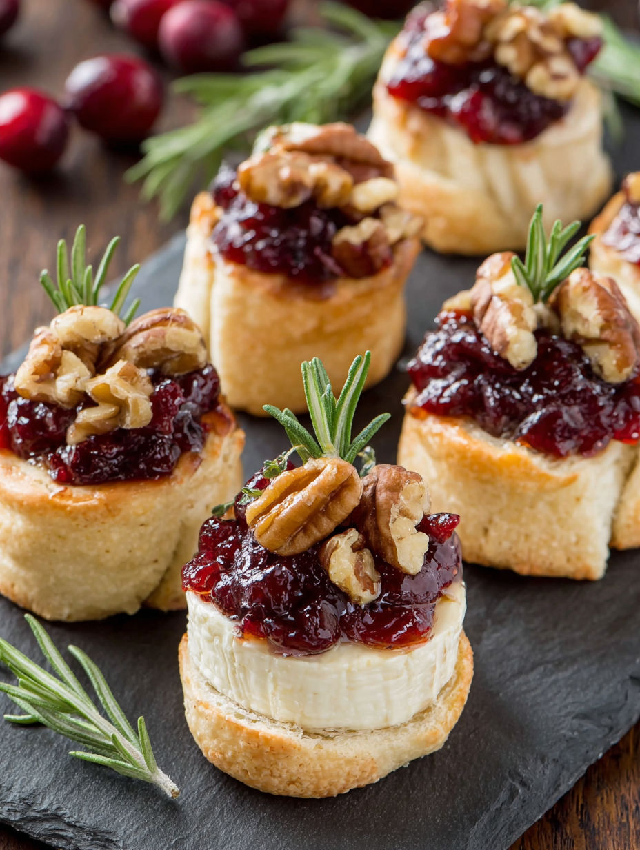 A plate of small pastries with jelly and nuts on top.