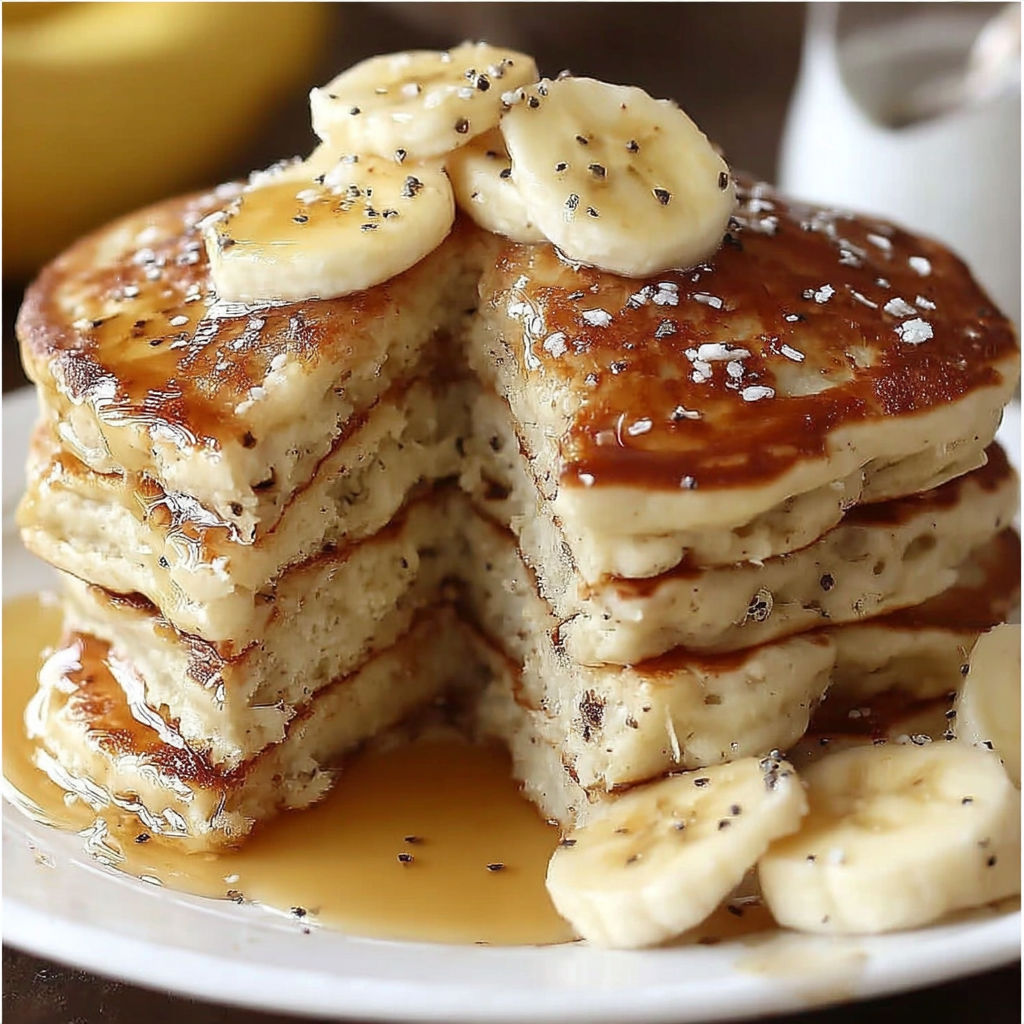 A stack of banana pancakes with banana slices on top.