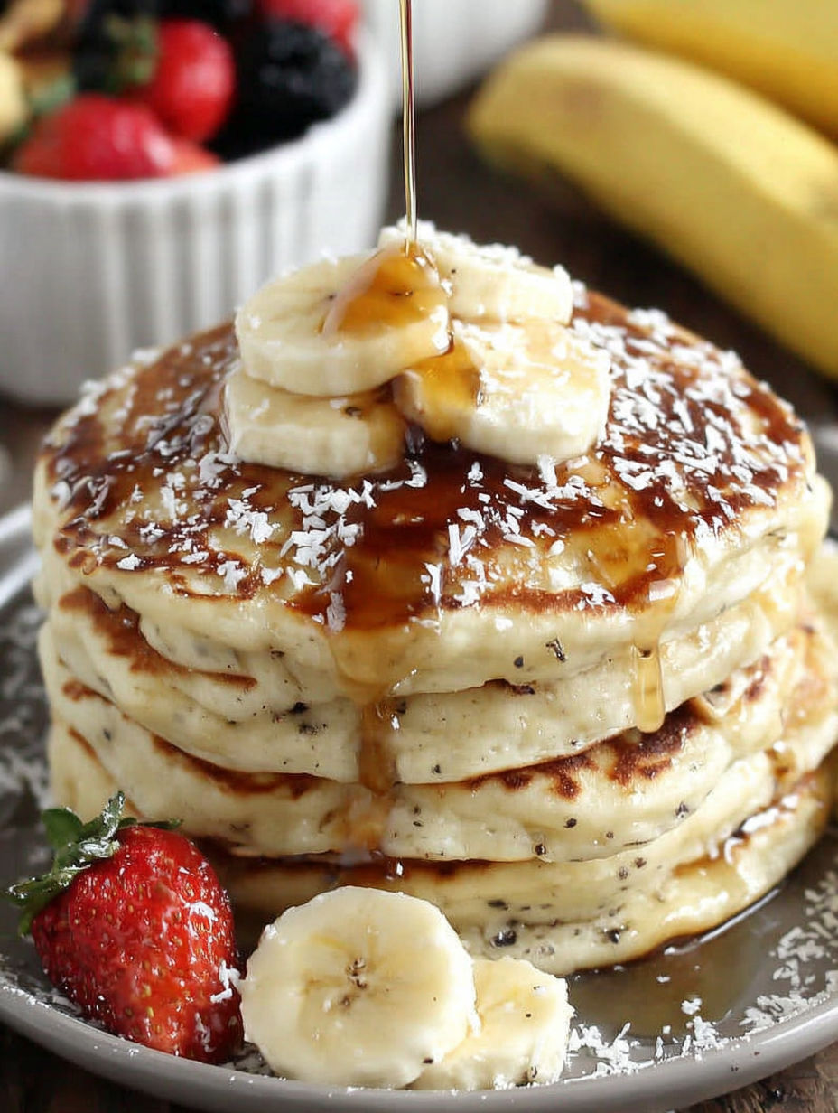 A stack of vegan pancakes with bananas and strawberries on top.
