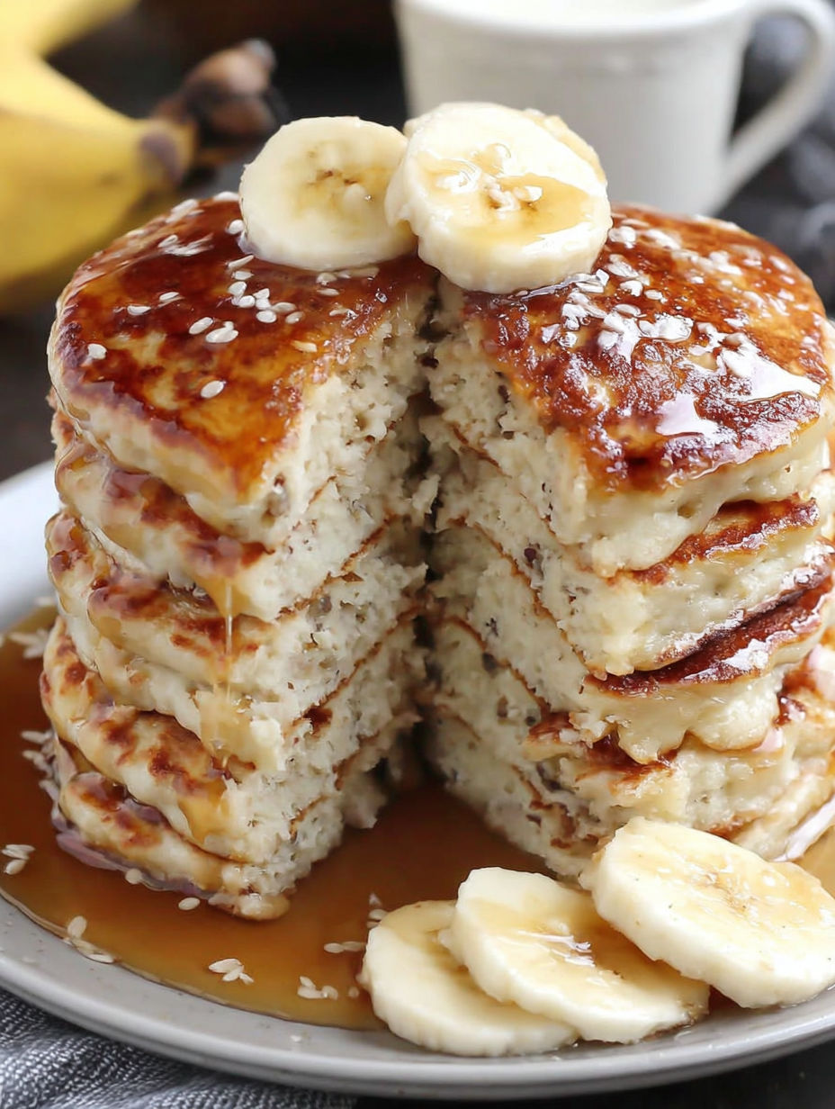 A stack of vegan pancakes with bananas on top.