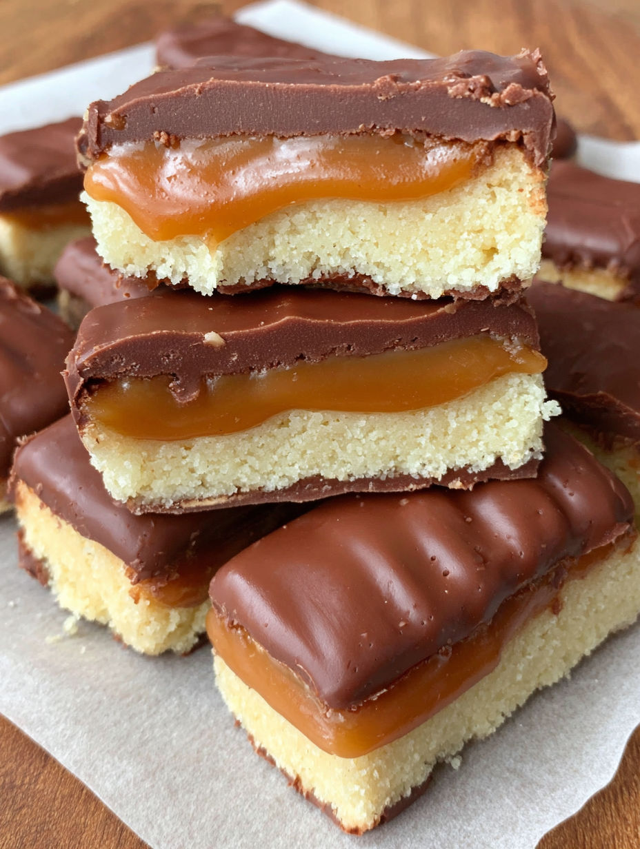 A stack of homemade twix bars.