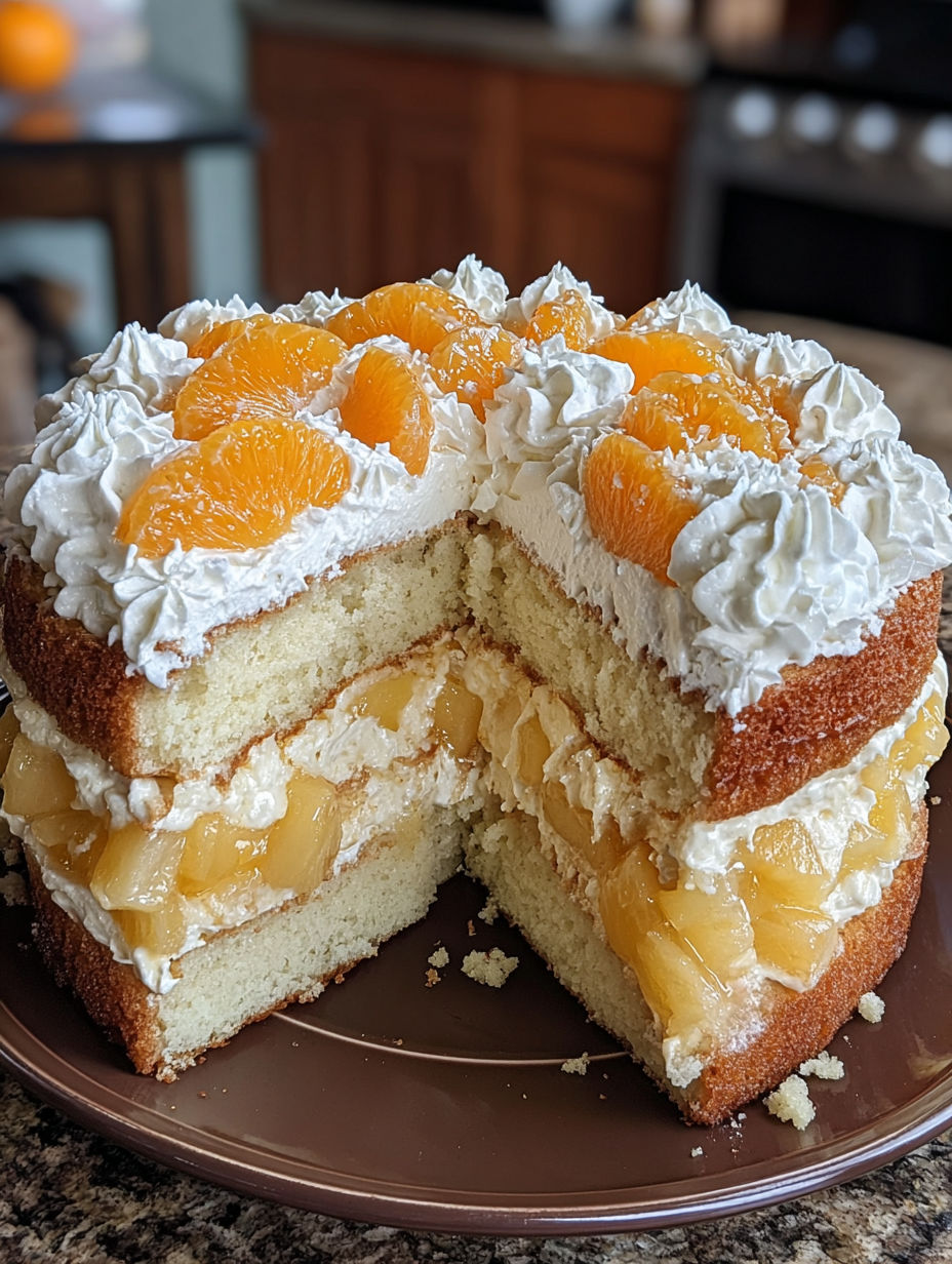 A slice of a cake with orange and pineapple flavors.