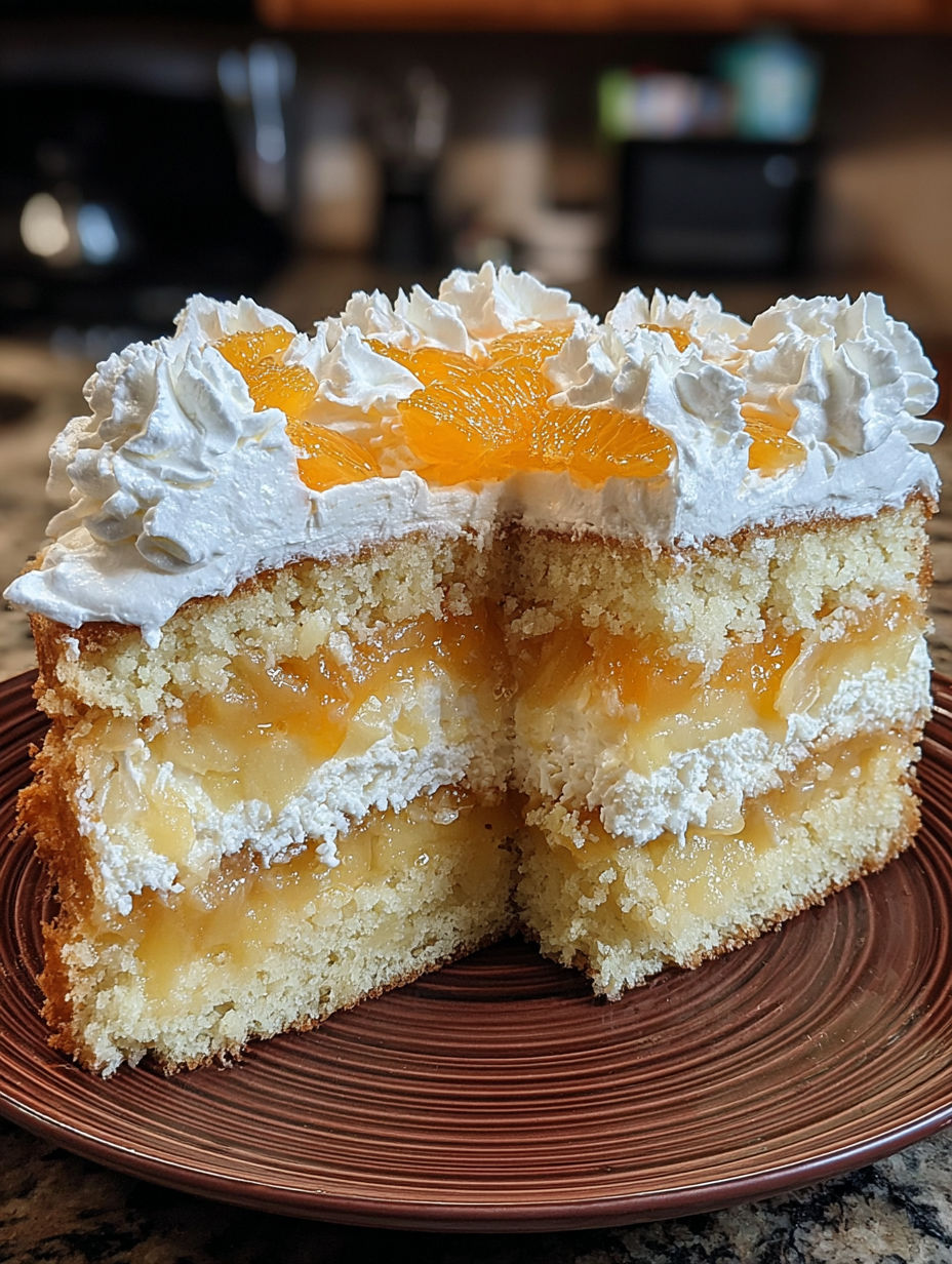 A slice of cake with white frosting and orange and pineapple flavors.