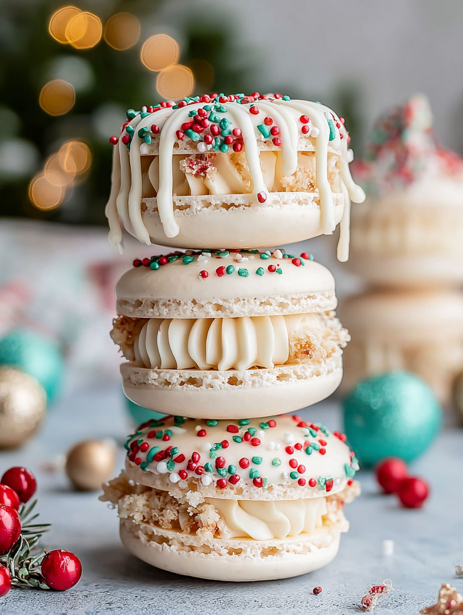 A stack of macarons with white frosting and red and green sprinkles.
