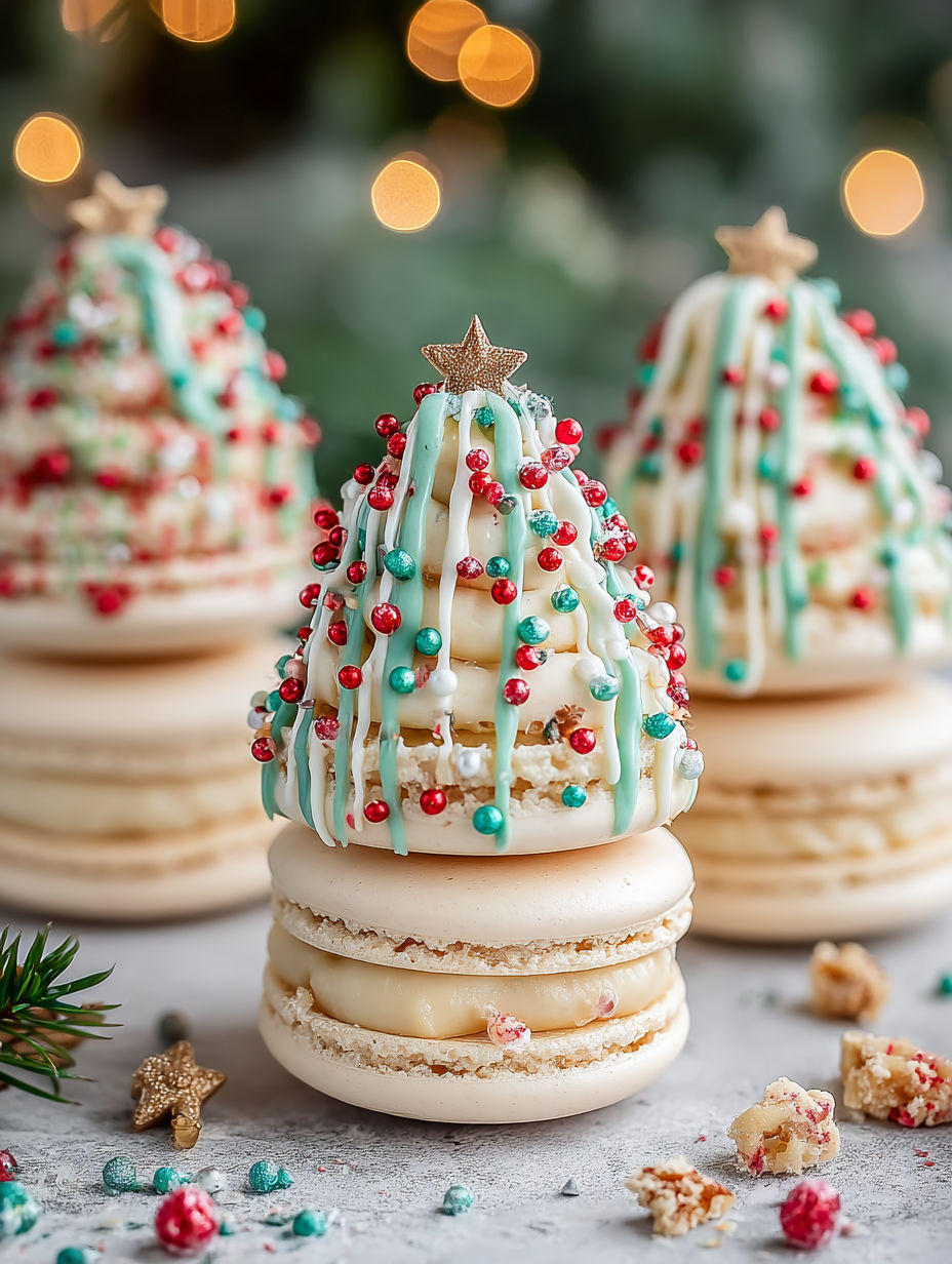 Three Christmas tree cake macarons stacked on top of each other.