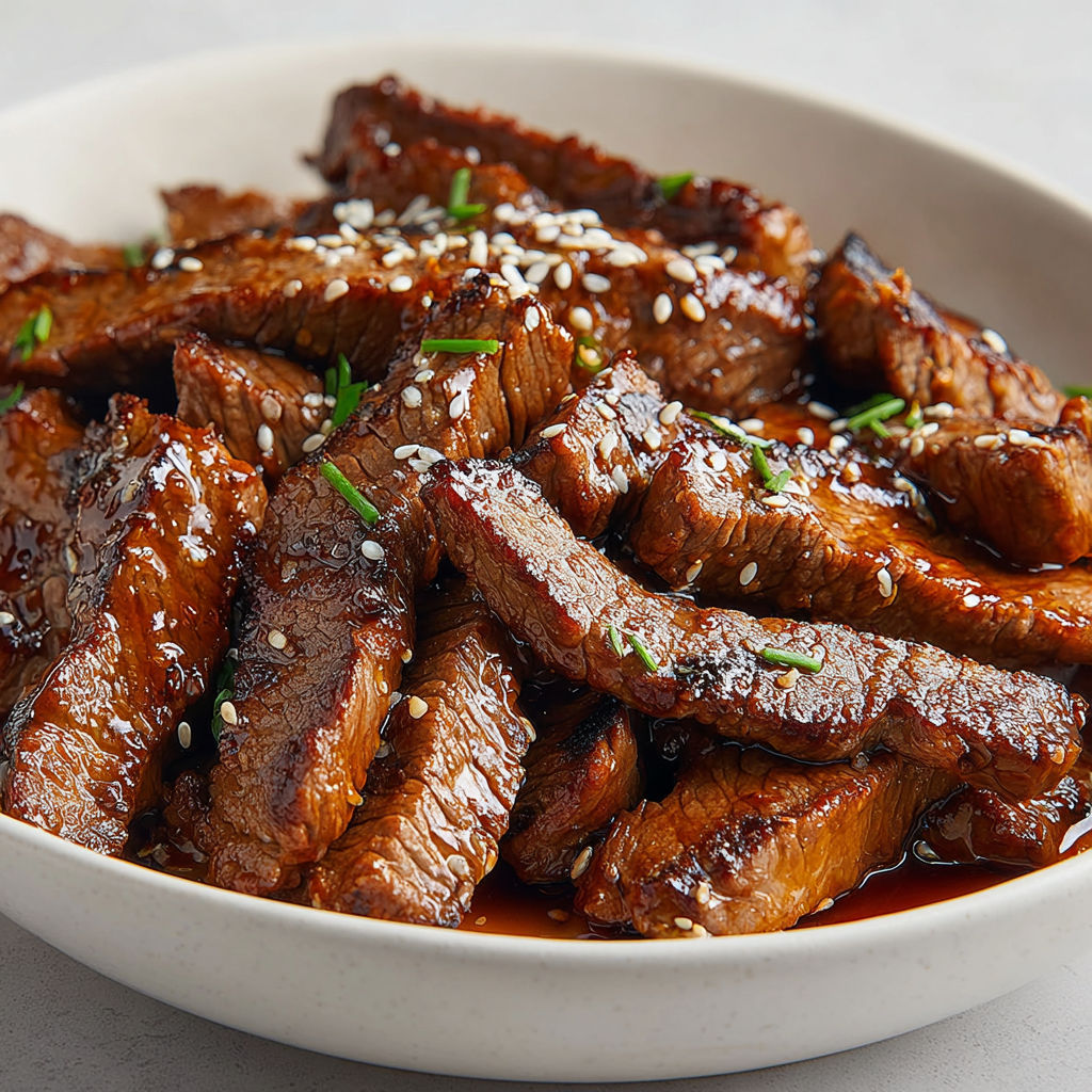 A bowl of honey-glazed steak strips.